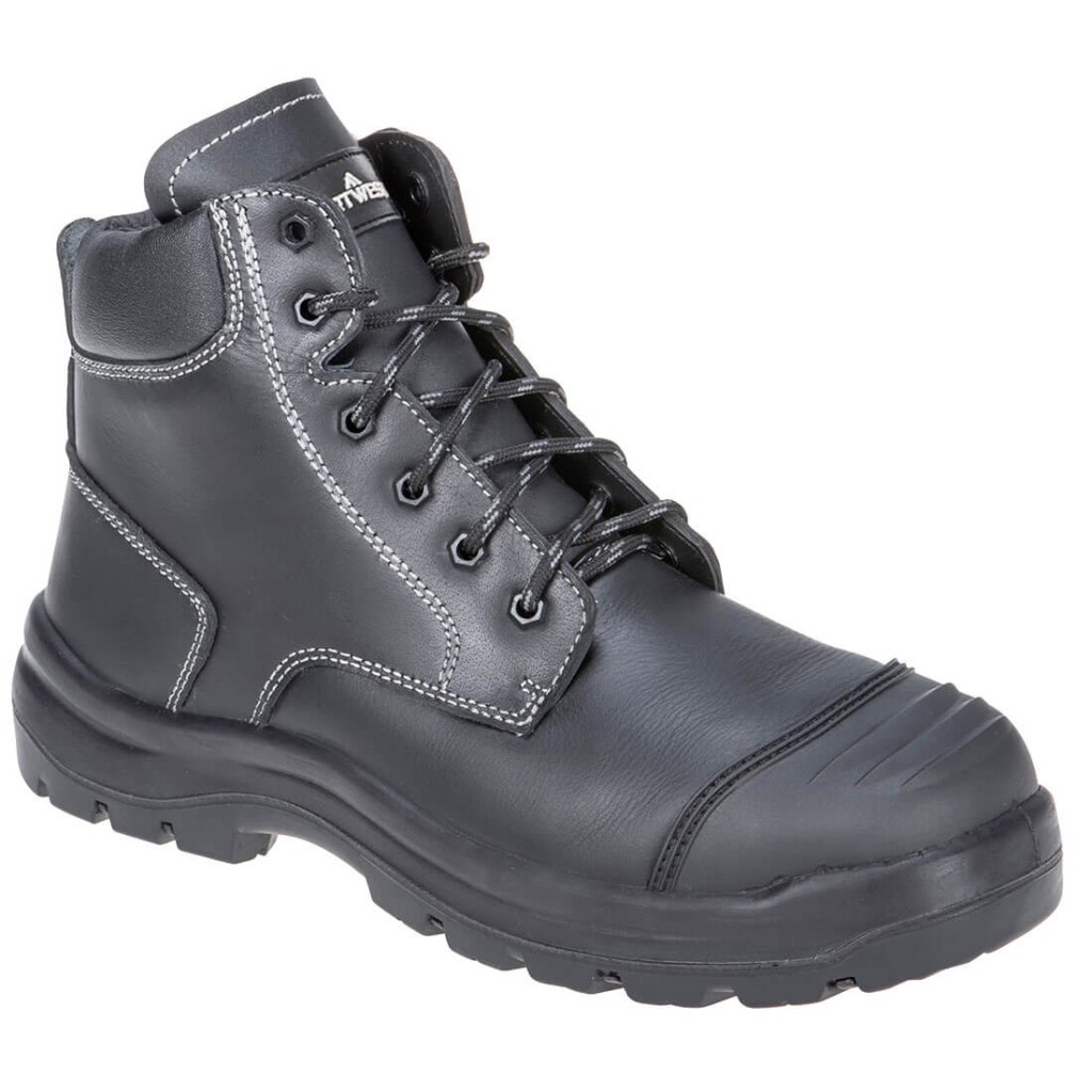 A black leather safety boot with an anti-slip sole and padded collar, designed for comfort and protection during extended site work.