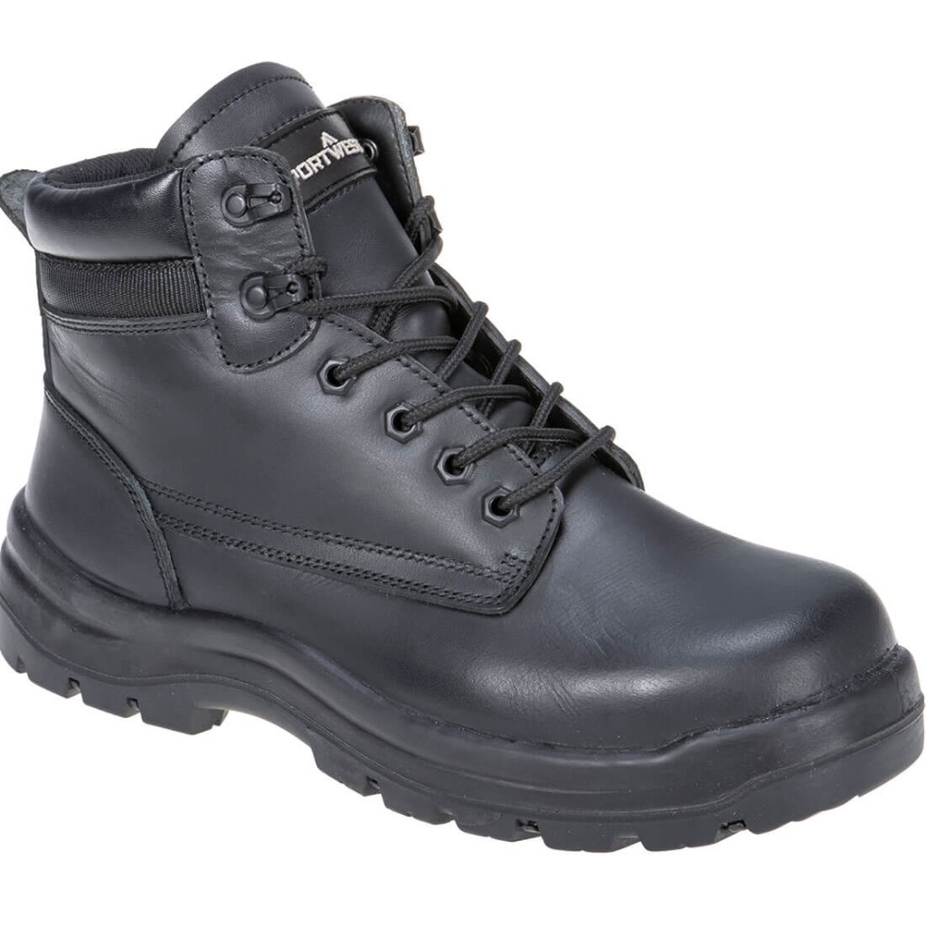 A black composite safety boot with an anti-slip sole and padded collar, designed for comfort and protection during extended site work.