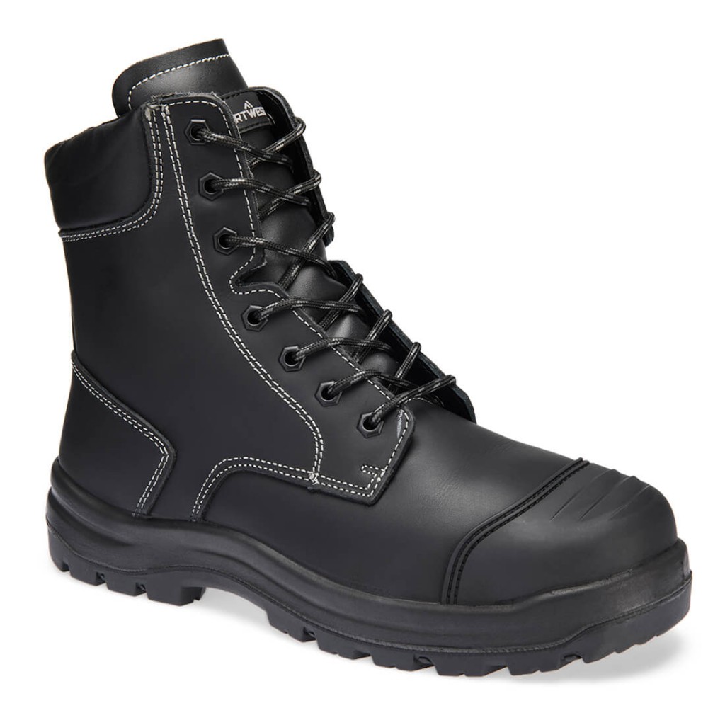 A black leather safety boot with an anti-slip sole and padded collar, designed for comfort and protection during extended site work.
