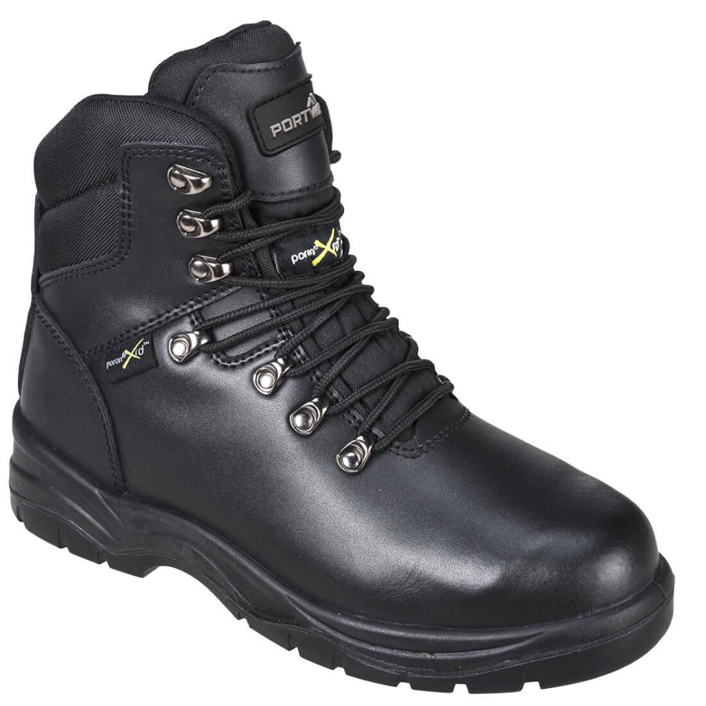 A black composite safety boot with an anti-slip sole and padded collar, designed for comfort and protection during extended site work.