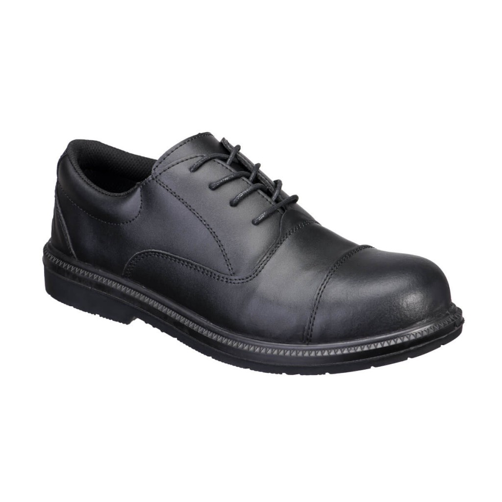 A black safety trainer with a composite toecap, a cushioned insole, and a lightweight anti-slip sole, suitable for lighter-duty site work.