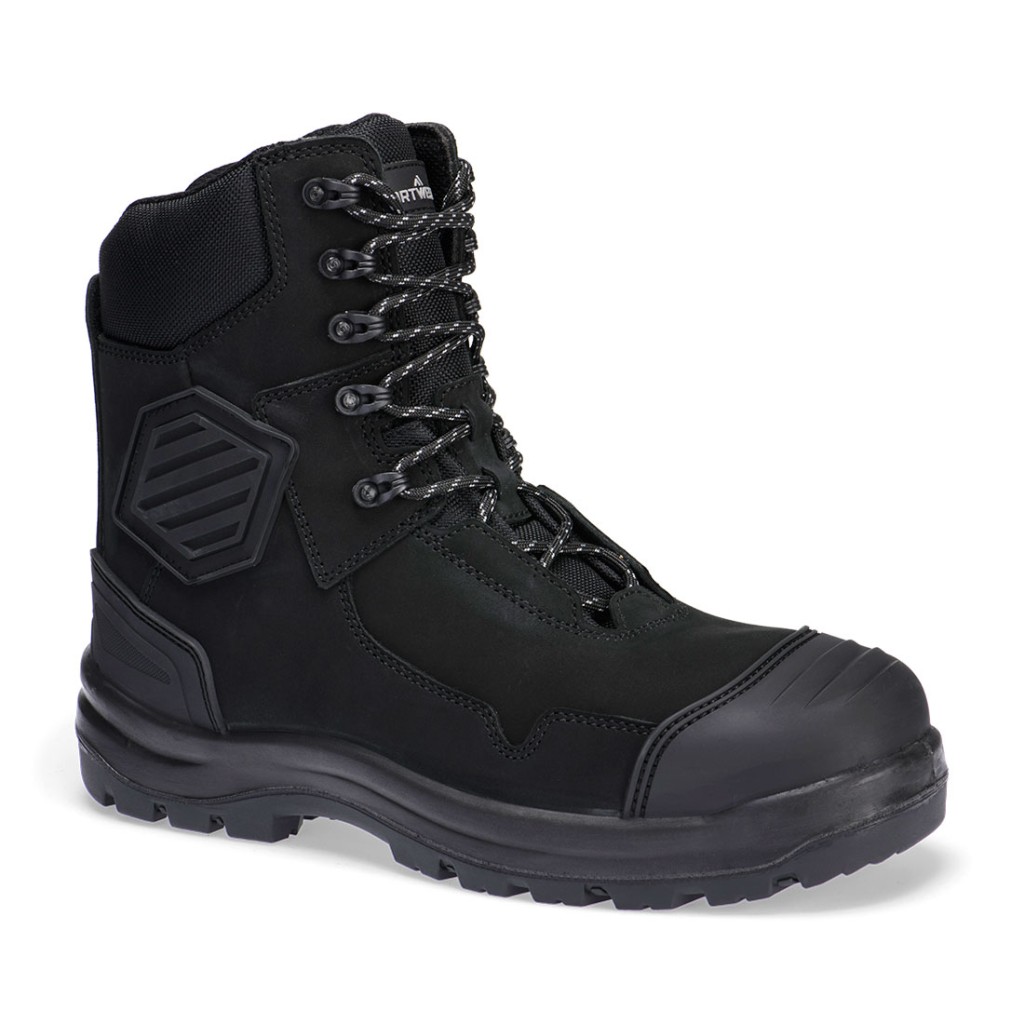 A black leather safety boot with a composite toecap and anti-slip sole, providing lightweight safety protection for site and industrial use.