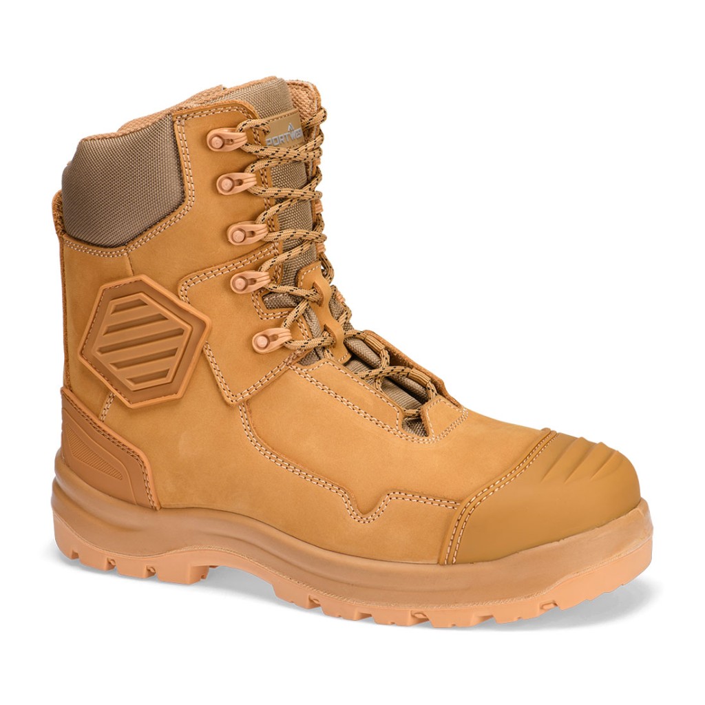 A leather safety boot with a composite toecap and anti-slip sole, providing lightweight safety protection for site and industrial use.