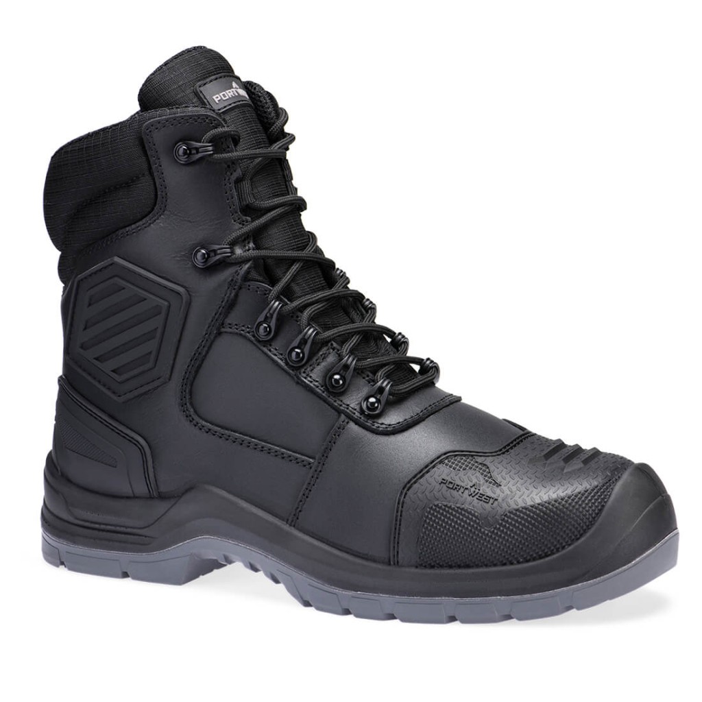 A black leather safety boot with a composite toecap and anti-slip sole, providing lightweight safety protection for site and industrial use.
