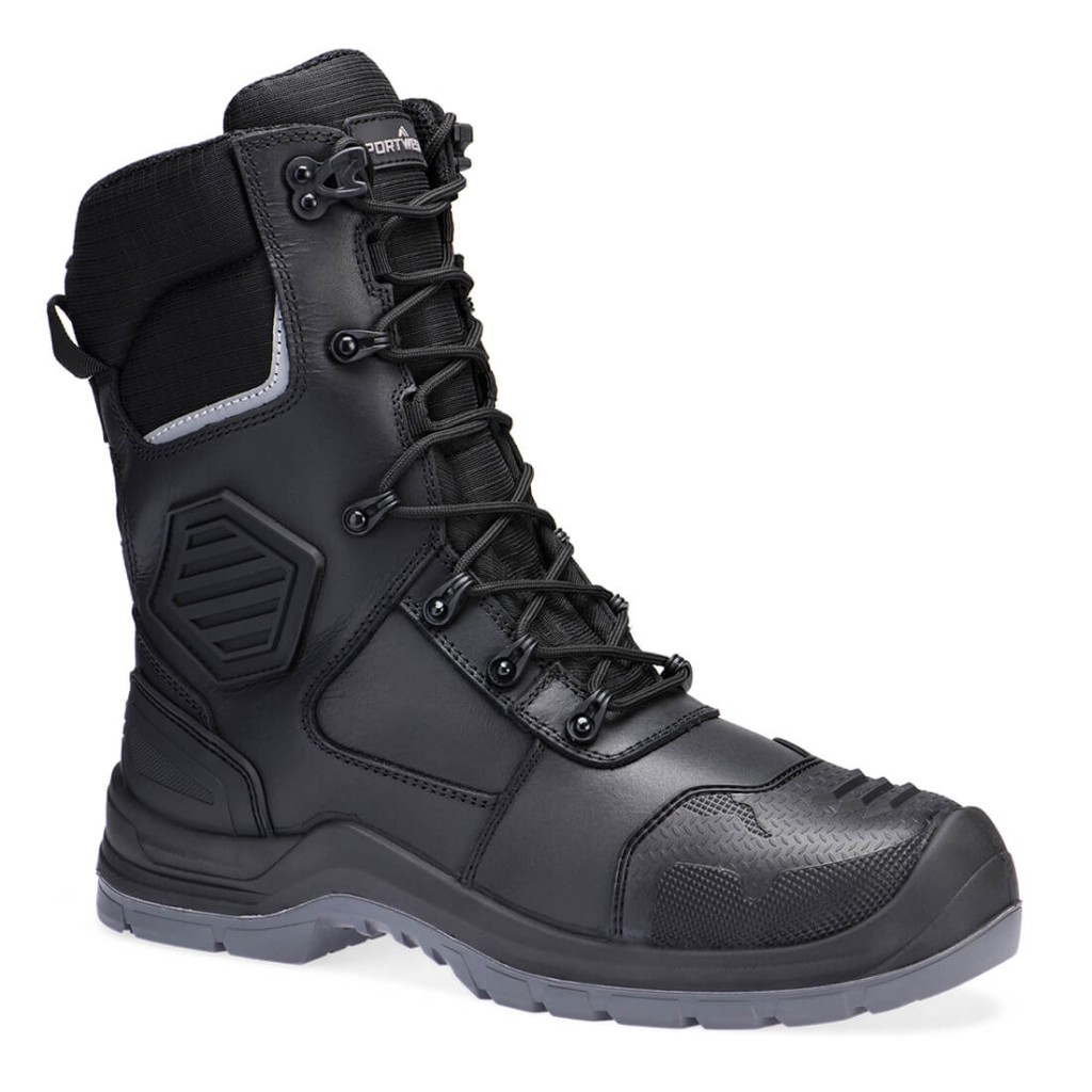 A black leather safety boot with a composite toecap and anti-slip sole, providing lightweight safety protection for site and industrial use.