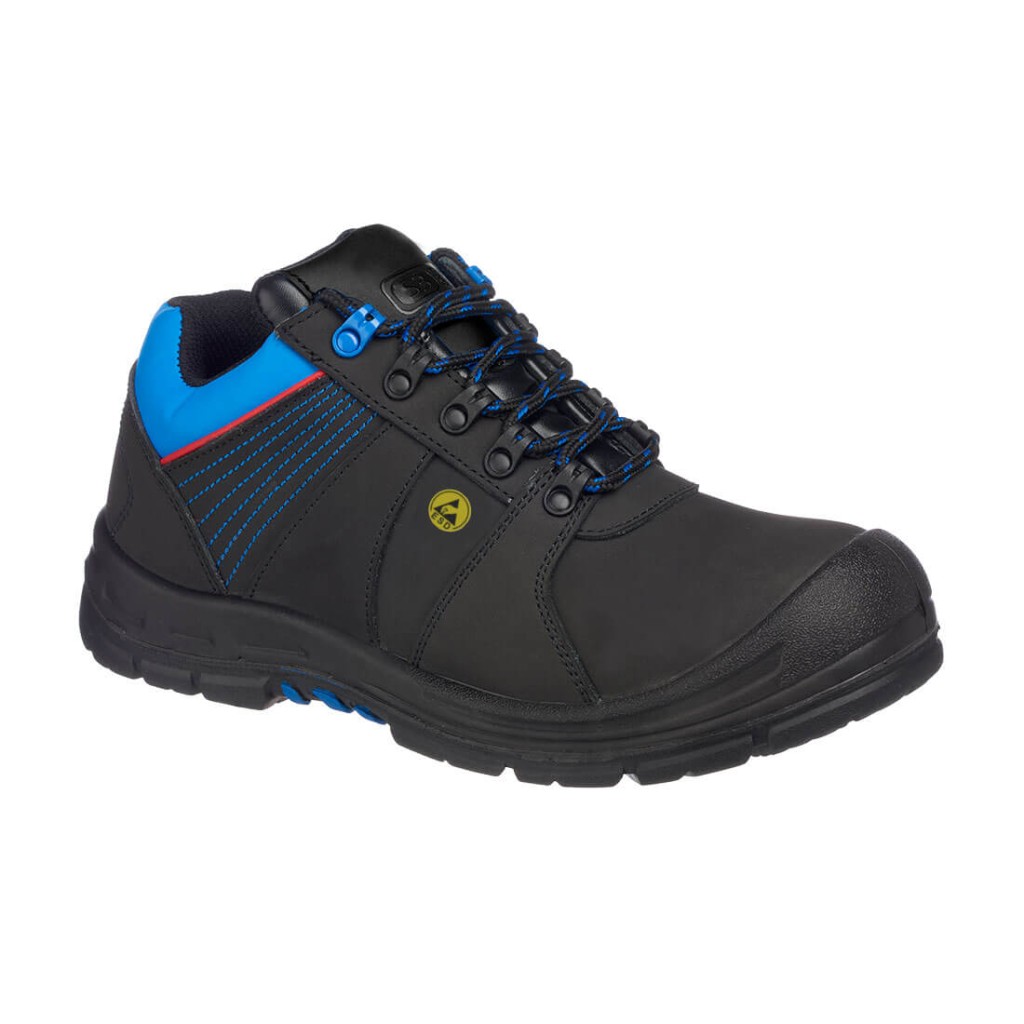A black safety trainer with a composite toecap, a cushioned insole, and a lightweight anti-slip sole, suitable for lighter-duty site work.