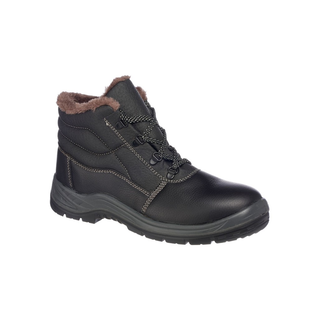 A black leather safety boot with an anti-slip sole and padded collar, designed for comfort and protection during extended site work.