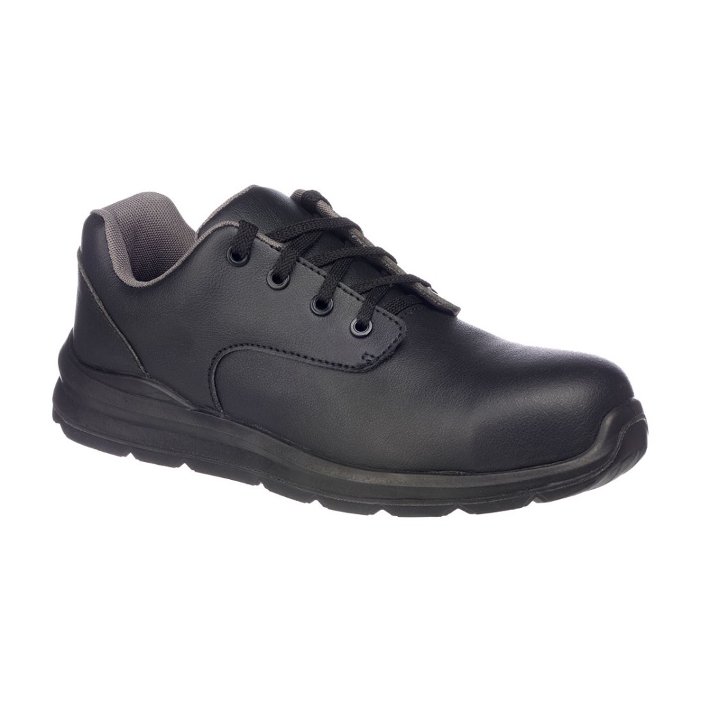 A black safety trainer with a composite toecap, a cushioned insole, and a lightweight anti-slip sole, suitable for lighter-duty site work.