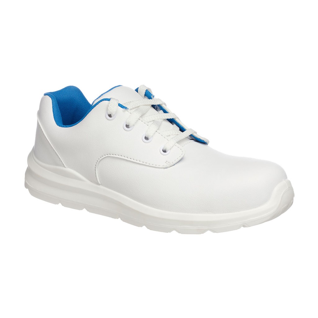 A white safety trainer with a composite toecap, a cushioned insole, and a lightweight anti-slip sole, suitable for lighter-duty site work.