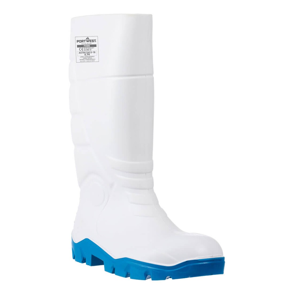 A white workwear garment designed for use on construction sites and in industrial work environments.,