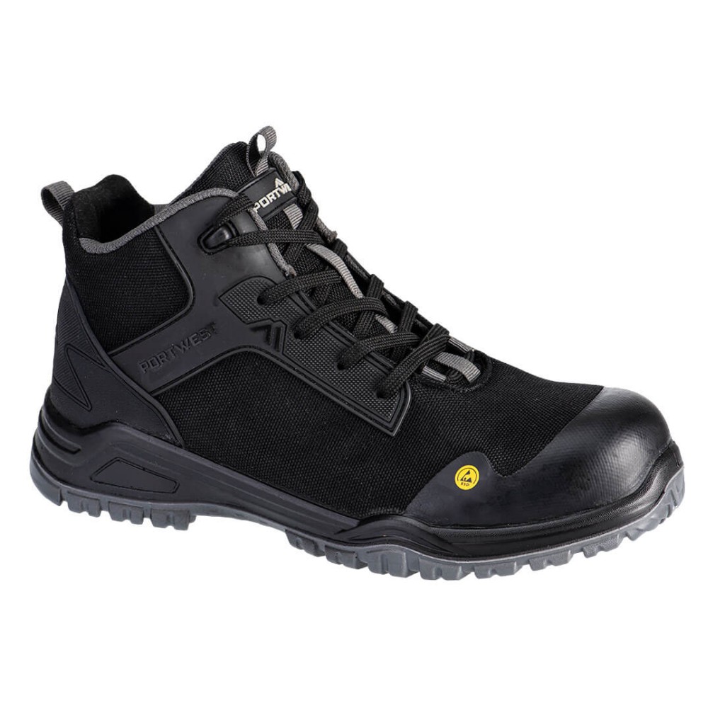 A black composite safety boot with a composite toecap and anti-slip sole, providing lightweight safety protection for site and industrial use.
