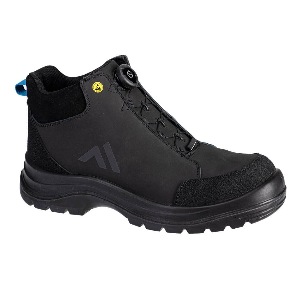 A black composite safety boot with a composite toecap and anti-slip sole, providing lightweight safety protection for site and industrial use.