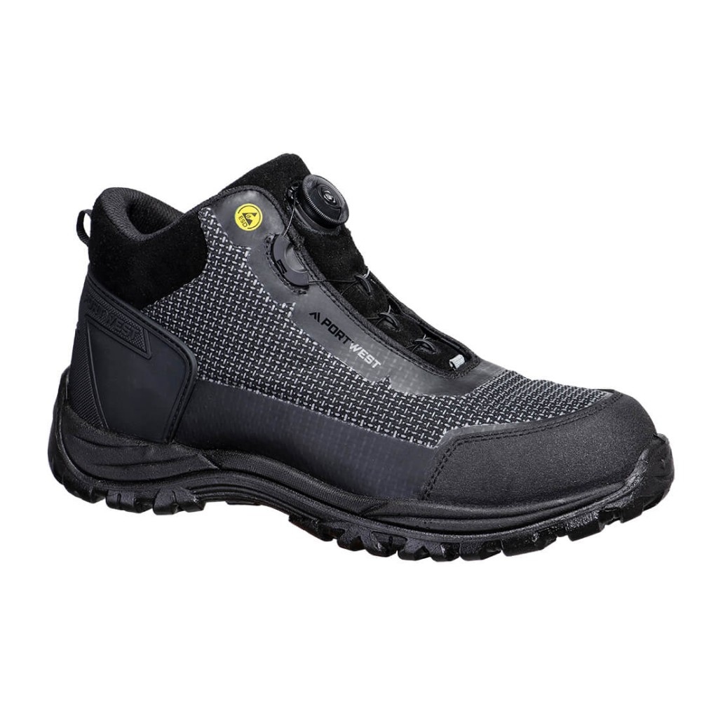 A black composite safety boot with a composite toecap and anti-slip sole, providing lightweight safety protection for site and industrial use.