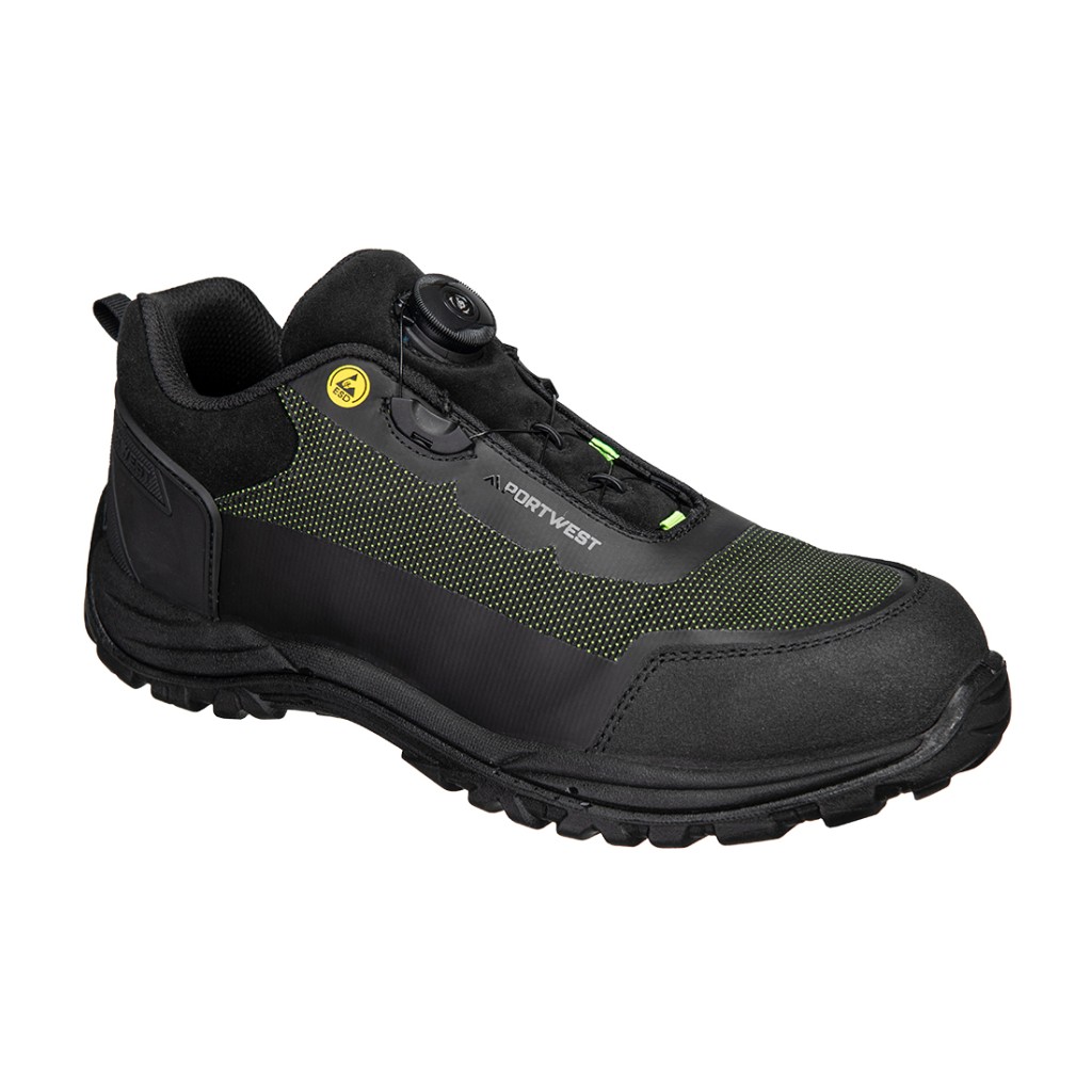 A black safety trainer with a composite toecap, a cushioned insole, and a lightweight anti-slip sole, suitable for lighter-duty site work.