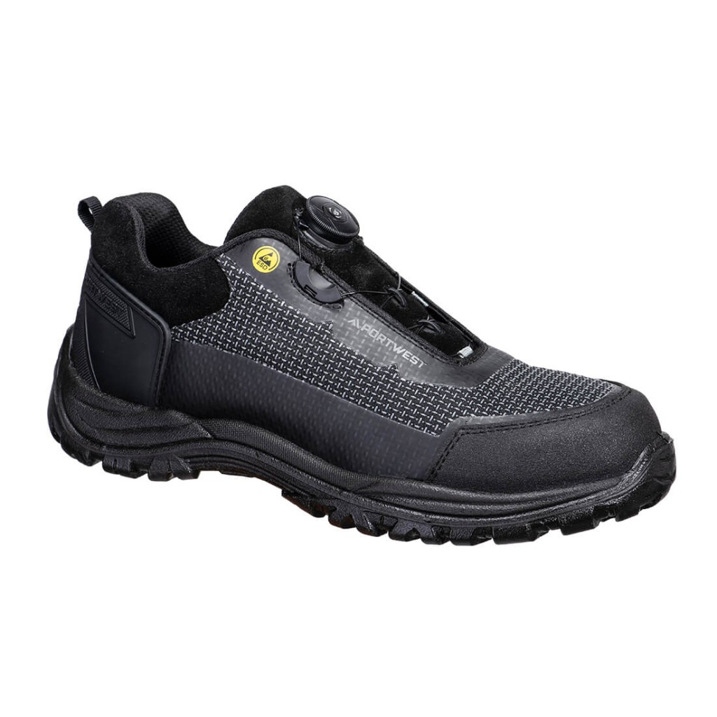 A black safety trainer with a composite toecap, a cushioned insole, and a lightweight anti-slip sole, suitable for lighter-duty site work.