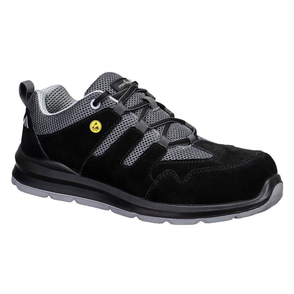 A black safety trainer with a composite toecap, a cushioned insole, and a lightweight anti-slip sole, suitable for lighter-duty site work.