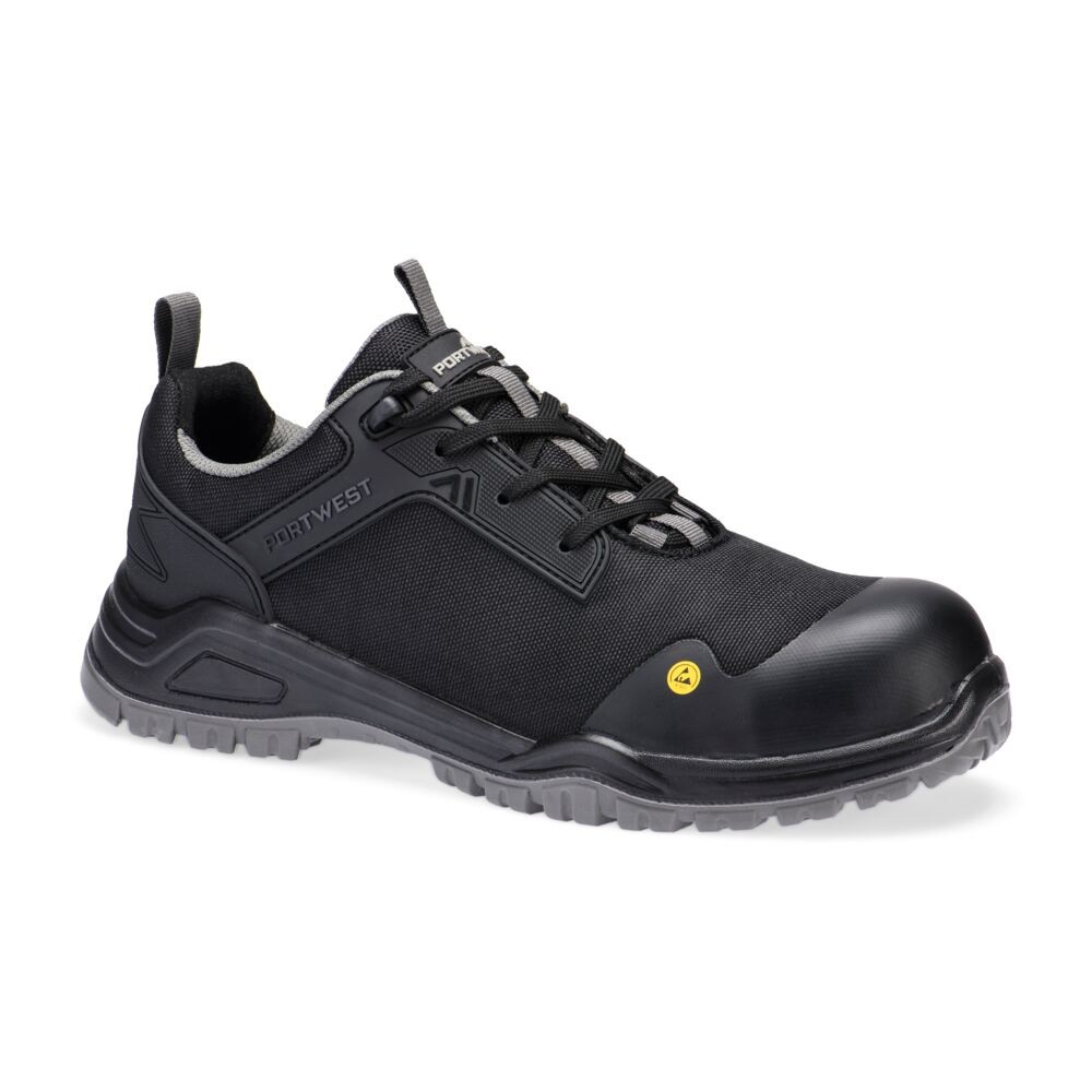 A black safety trainer with a composite toecap, a cushioned insole, and a lightweight anti-slip sole, suitable for lighter-duty site work.