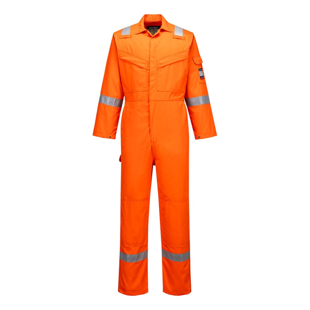 A orange coverall featuring flame-resistant fabric, suitable for a wide range of outdoor and site work applications.