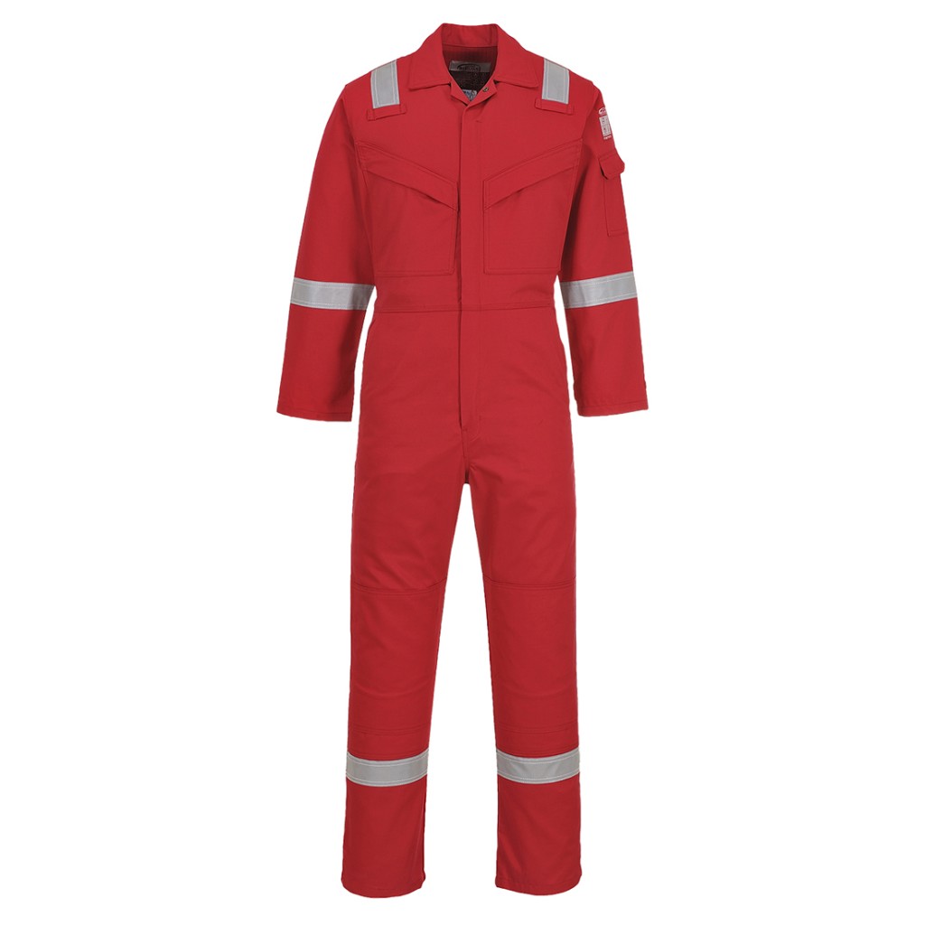 A red coverall featuring flame-resistant fabric, suitable for a wide range of outdoor and site work applications.