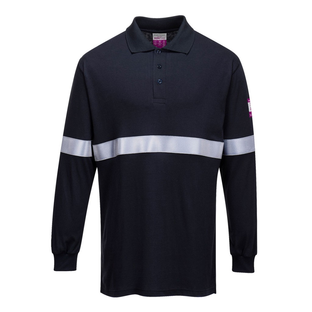 A navy blue polo shirt featuring flame-resistant fabric, suitable for a wide range of outdoor and site work applications.