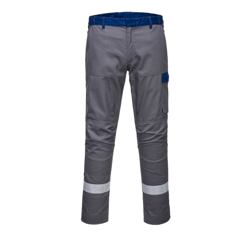 A pair of grey work trousers featuring flame-resistant fabric, suitable for a wide range of outdoor and site work applications.