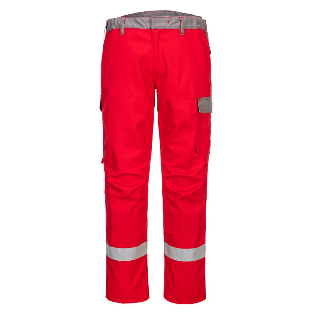 A pair of red work trousers featuring flame-resistant fabric, suitable for a wide range of outdoor and site work applications.