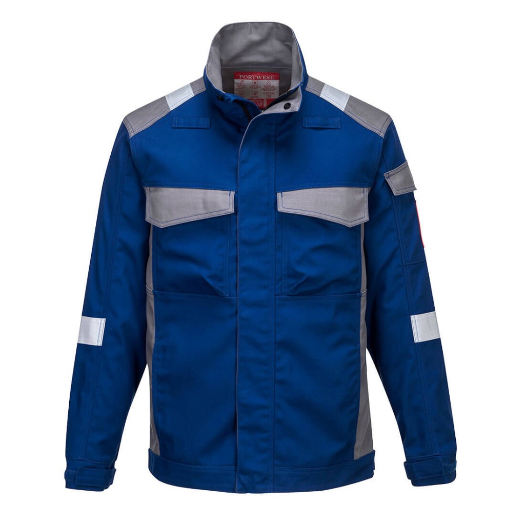 A blue jacket featuring flame-resistant fabric, suitable for a wide range of outdoor and site work applications.