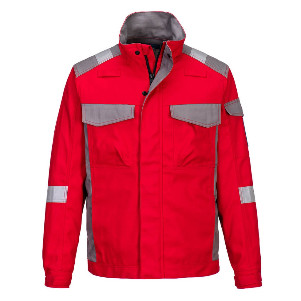 A red jacket featuring flame-resistant fabric, suitable for a wide range of outdoor and site work applications.