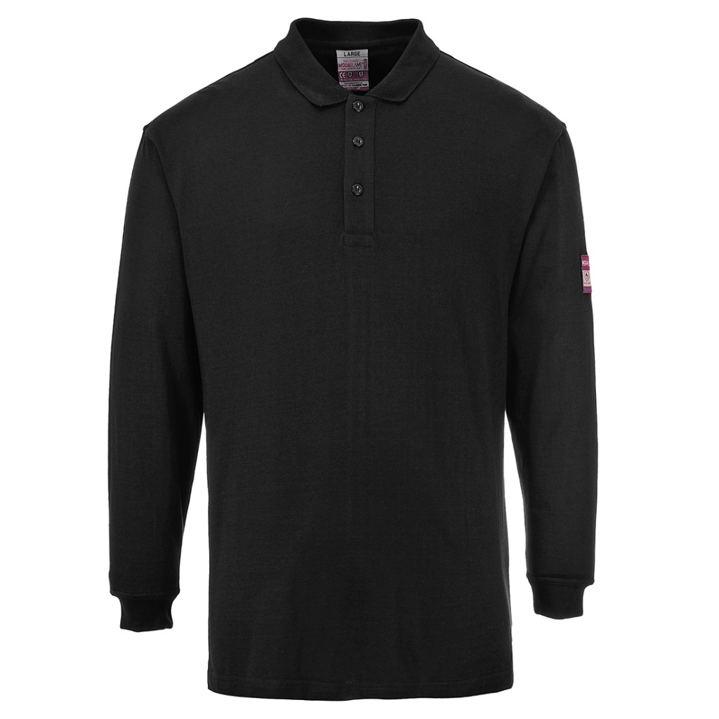 A black polo shirt featuring flame-resistant fabric, suitable for a wide range of outdoor and site work applications.