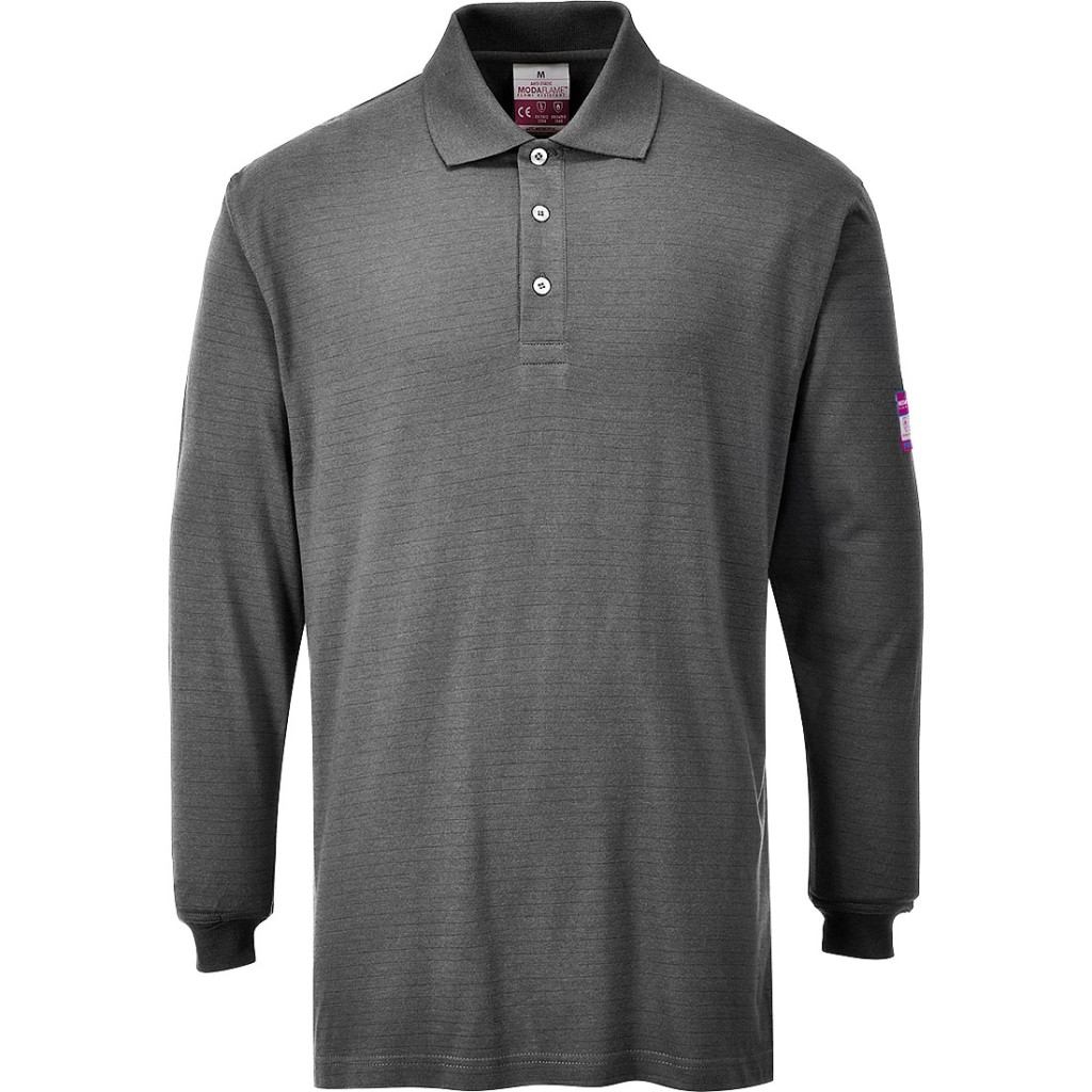 A grey polo shirt featuring flame-resistant fabric, suitable for a wide range of outdoor and site work applications.