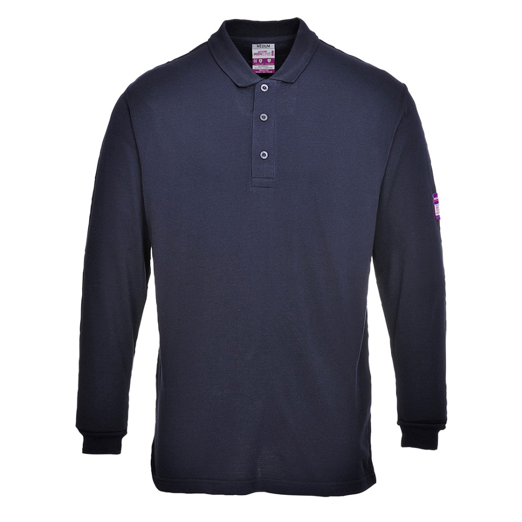 A navy blue polo shirt featuring flame-resistant fabric, suitable for a wide range of outdoor and site work applications.