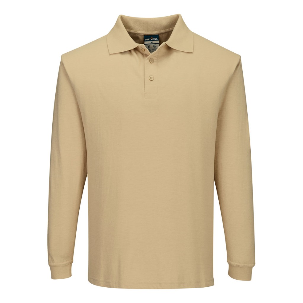 A tan polo shirt featuring flame-resistant fabric, suitable for a wide range of outdoor and site work applications.