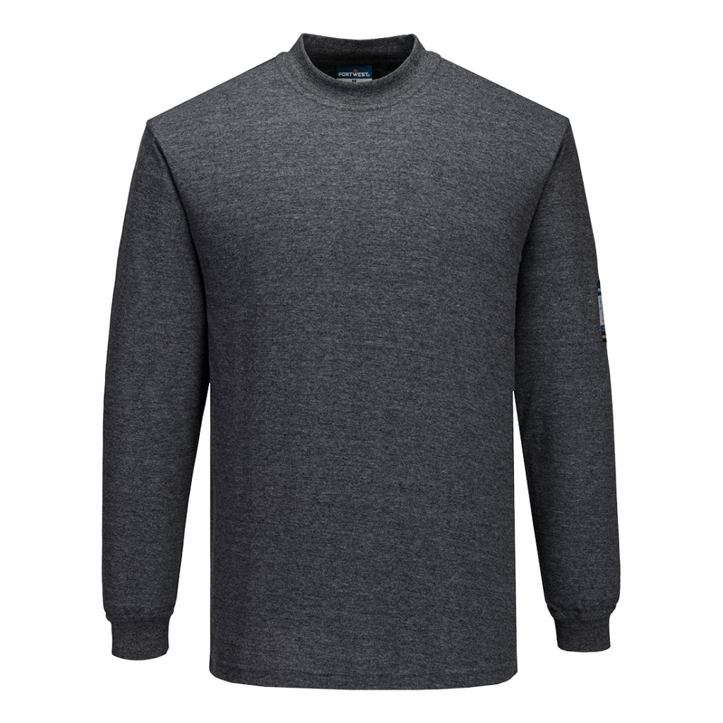 A grey work shirt featuring flame-resistant fabric, suitable for a wide range of outdoor and site work applications.