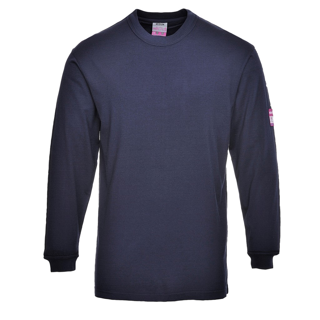 A navy blue work shirt featuring flame-resistant fabric, suitable for a wide range of outdoor and site work applications.