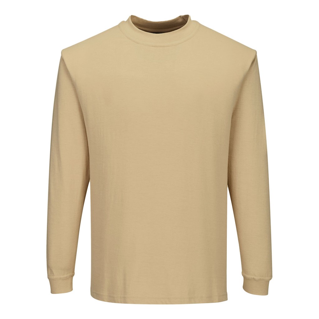 A tan work shirt featuring flame-resistant fabric, suitable for a wide range of outdoor and site work applications.