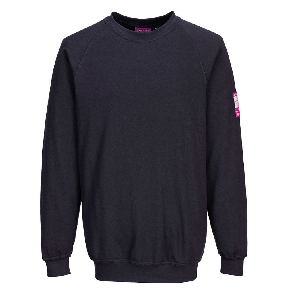 A navy blue work shirt featuring flame-resistant fabric, suitable for a wide range of outdoor and site work applications.