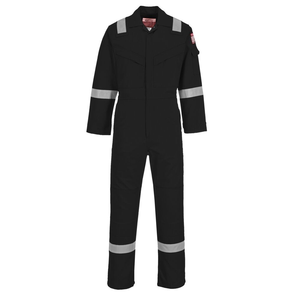 A black coverall featuring flame-resistant fabric, suitable for a wide range of outdoor and site work applications.