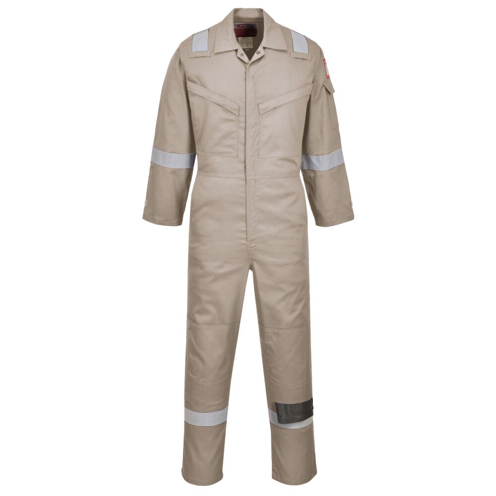 A khaki coverall featuring flame-resistant fabric, suitable for a wide range of outdoor and site work applications.