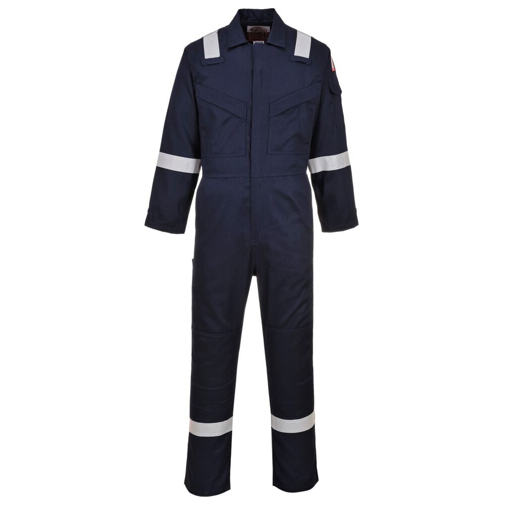 A navy blue coverall featuring flame-resistant fabric, suitable for a wide range of outdoor and site work applications.