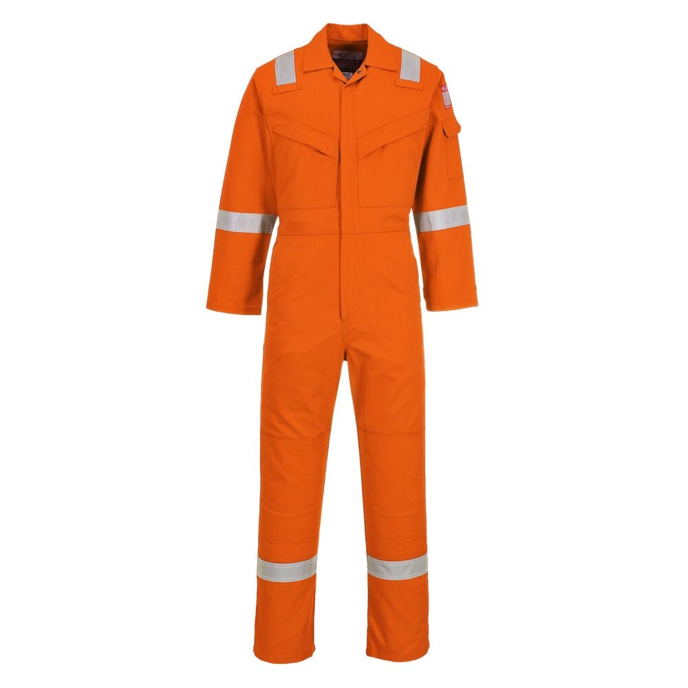 A orange coverall featuring flame-resistant fabric, suitable for a wide range of outdoor and site work applications.