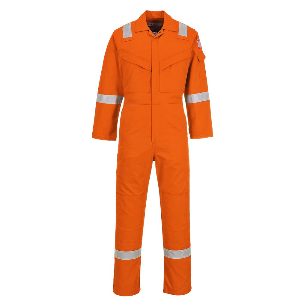 A orange coverall featuring flame-resistant fabric, suitable for a wide range of outdoor and site work applications.