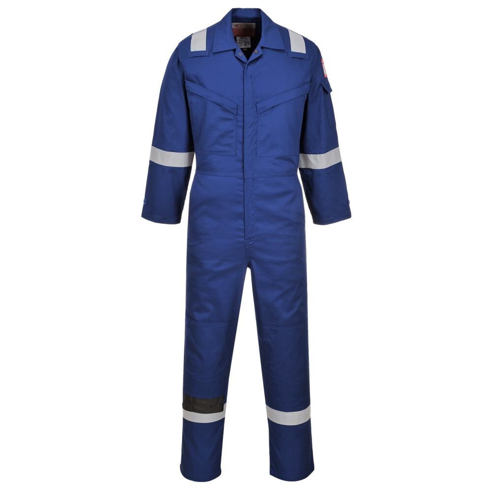 A blue coverall featuring flame-resistant fabric, suitable for a wide range of outdoor and site work applications.