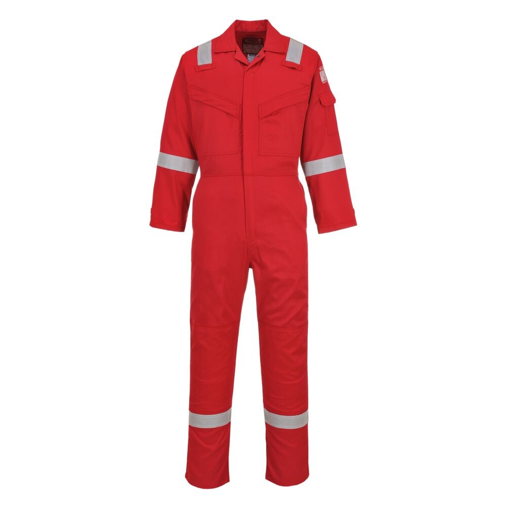 A red coverall featuring flame-resistant fabric, suitable for a wide range of outdoor and site work applications.