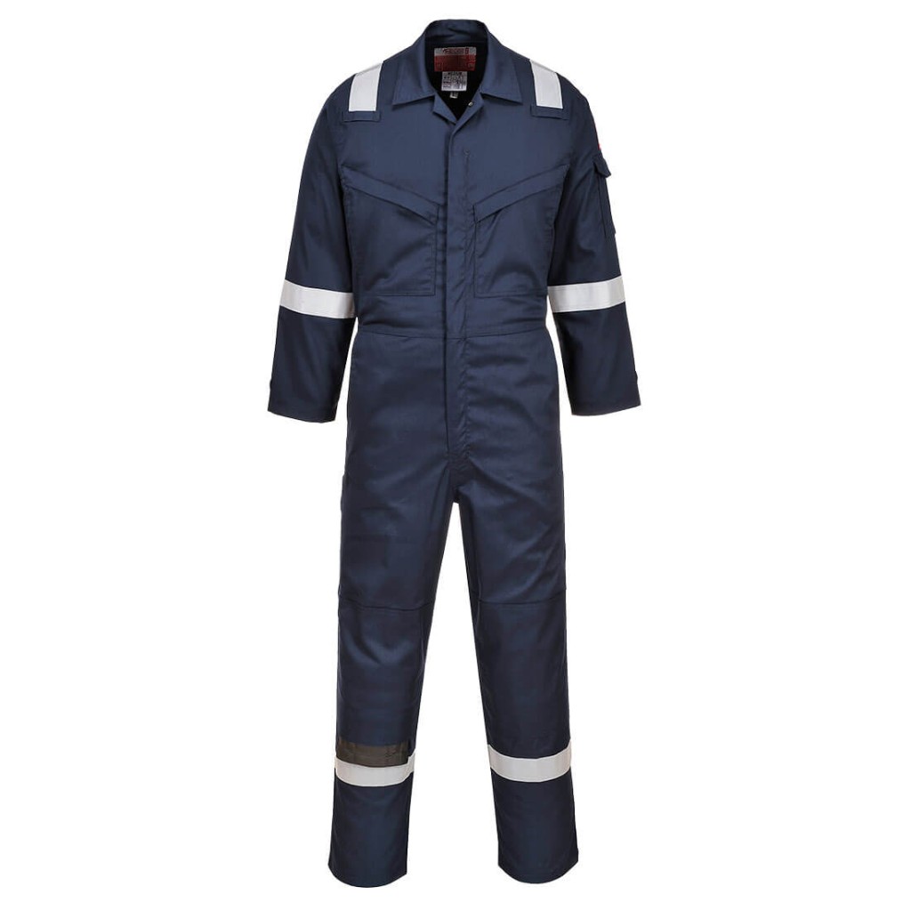 A navy blue coverall featuring flame-resistant fabric, suitable for a wide range of outdoor and site work applications.