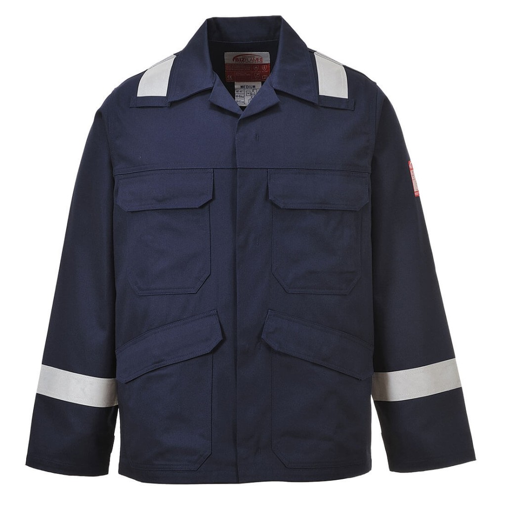 A navy blue jacket featuring flame-resistant fabric, suitable for a wide range of outdoor and site work applications.