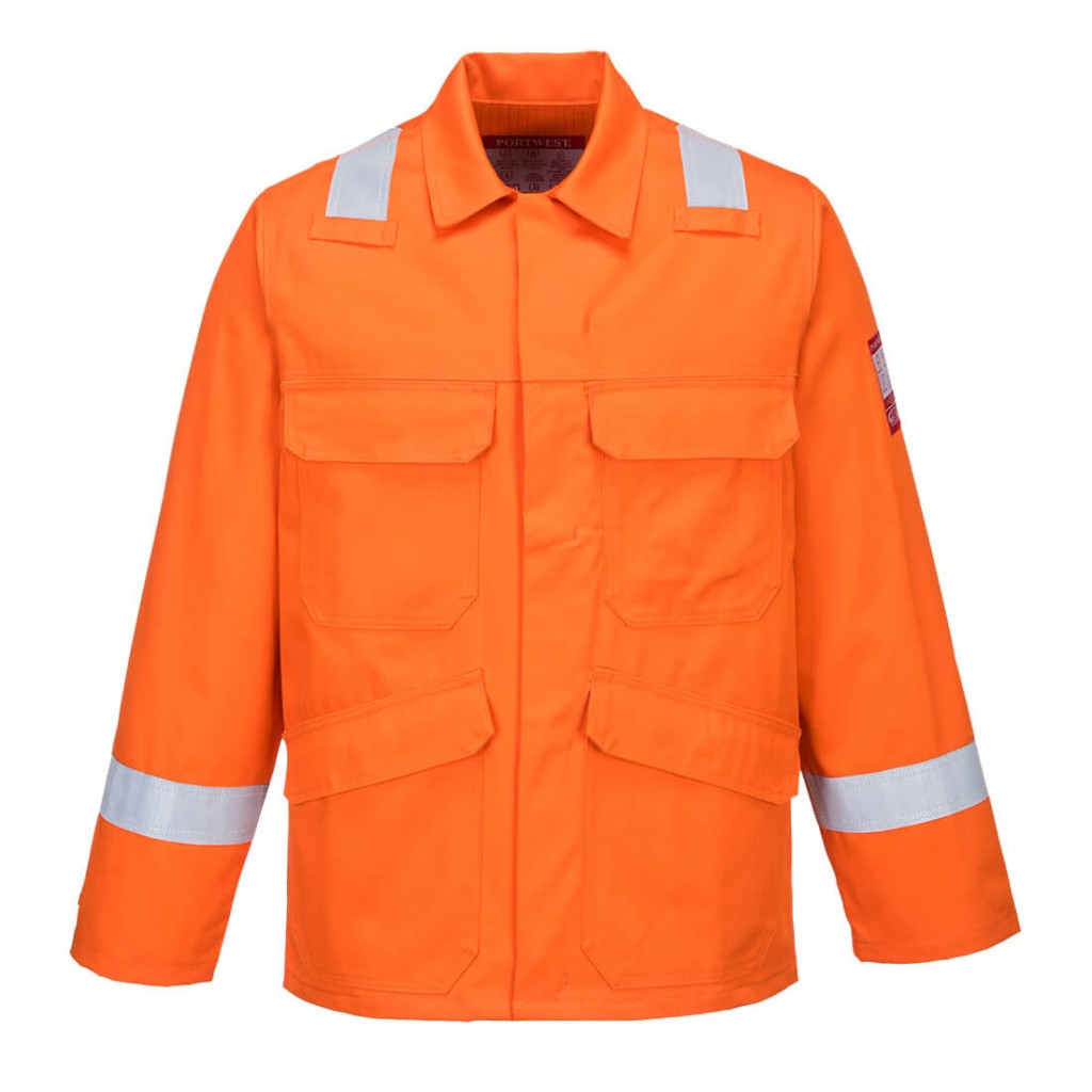 A orange jacket featuring flame-resistant fabric, suitable for a wide range of outdoor and site work applications.