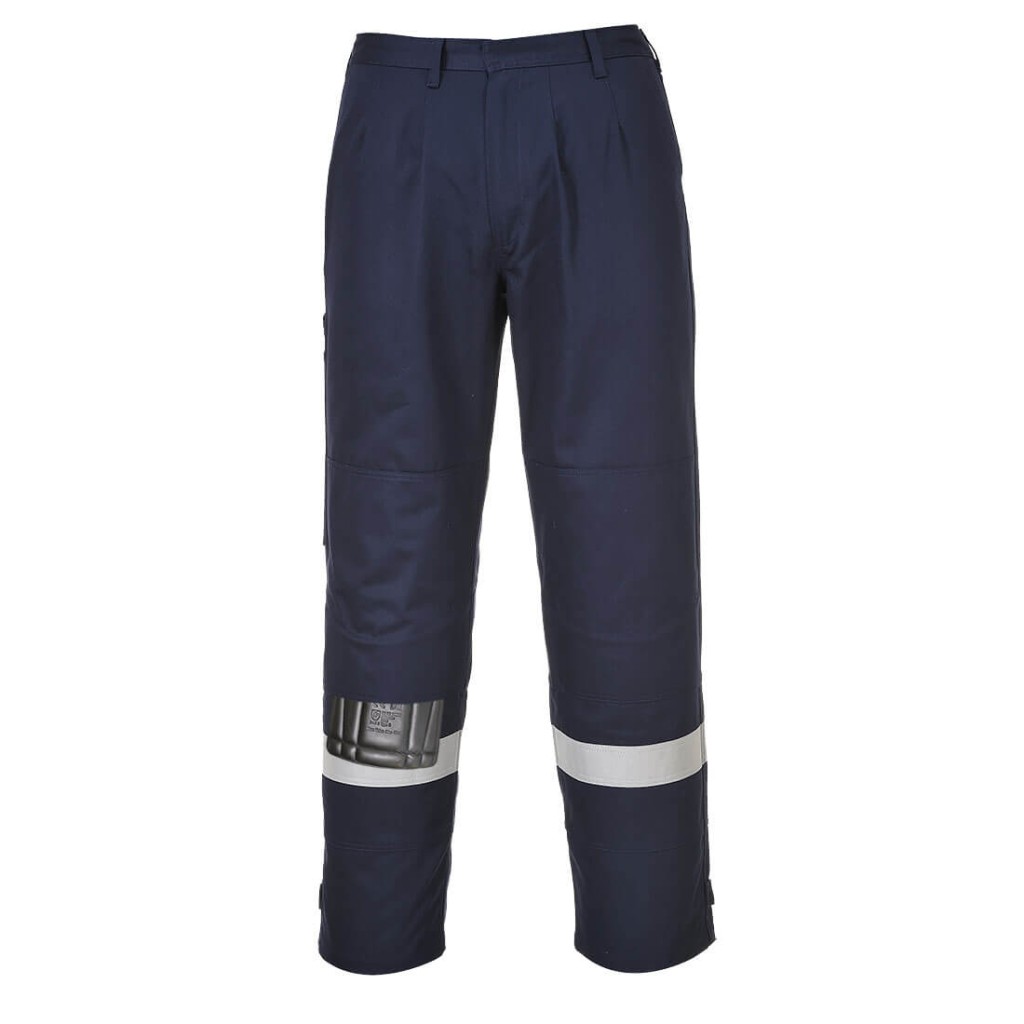 A pair of navy blue work trousers featuring flame-resistant fabric, suitable for a wide range of outdoor and site work applications.