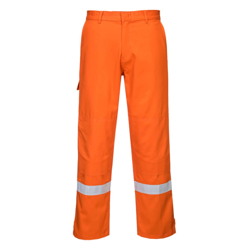 A pair of orange work trousers featuring flame-resistant fabric, suitable for a wide range of outdoor and site work applications.