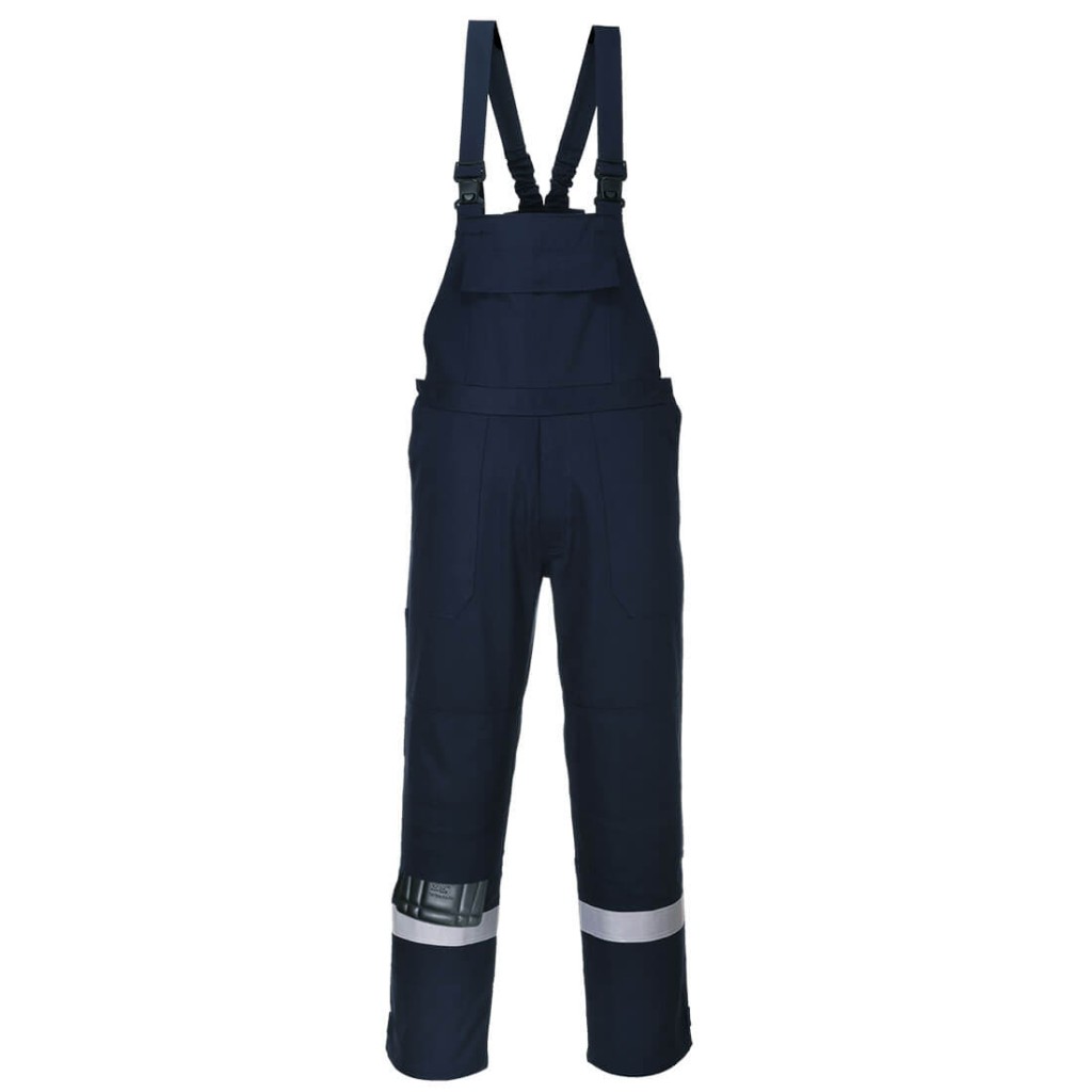 A navy blue workwear garment featuring flame-resistant fabric, suitable for a wide range of outdoor and site work applications.