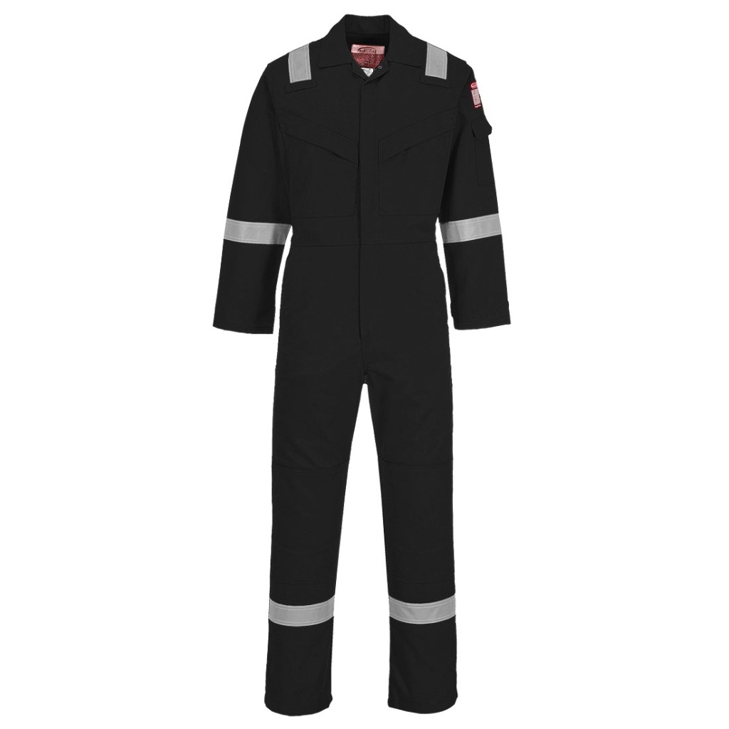 A black coverall featuring flame-resistant fabric, suitable for a wide range of outdoor and site work applications.